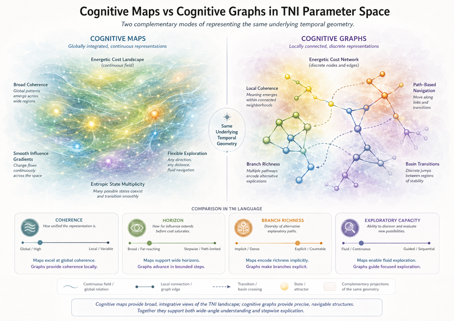 Cognitive maps vs cognitive graphs in TNI parameter space